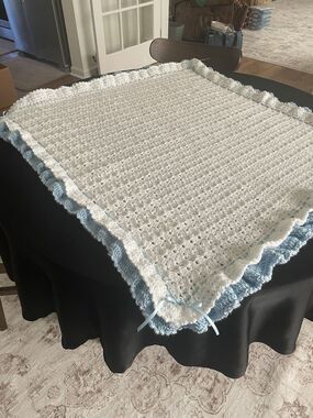Baby Blanket 37”x41” White With Blue And White Ruffles Trimmed w/Satin Ribbon